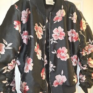 Women's Floral Shiny Bomber Jacket - Black and Pink